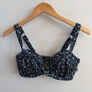 La Vie En Rose Floral Bikini Top – Black and Blue – Size XS (D Cup)